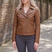 Women's Brown Asymmetric Zip Leather Biker Jacket — Mortimer