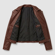 Women's Brown Asymmetric Zip Leather Biker Jacket — Yarmouth