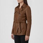 Women's Brown Belted Asymmetric Zipper Leather Biker Jacket — Edson