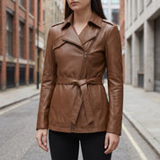 Women's Brown Belted Asymmetric Zipper Leather Biker Jacket — Edson