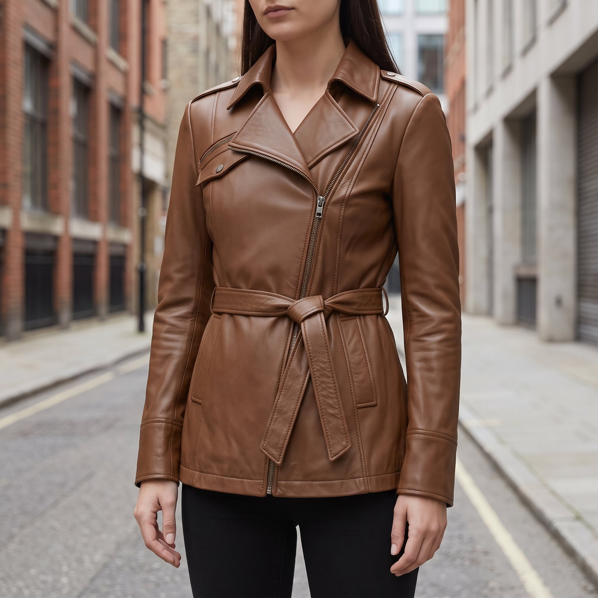 Women's Brown Belted Asymmetric Zipper Leather Biker Jacket — Edson