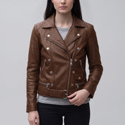 Women's Brown Belted Leather Biker Jacket — Gillard