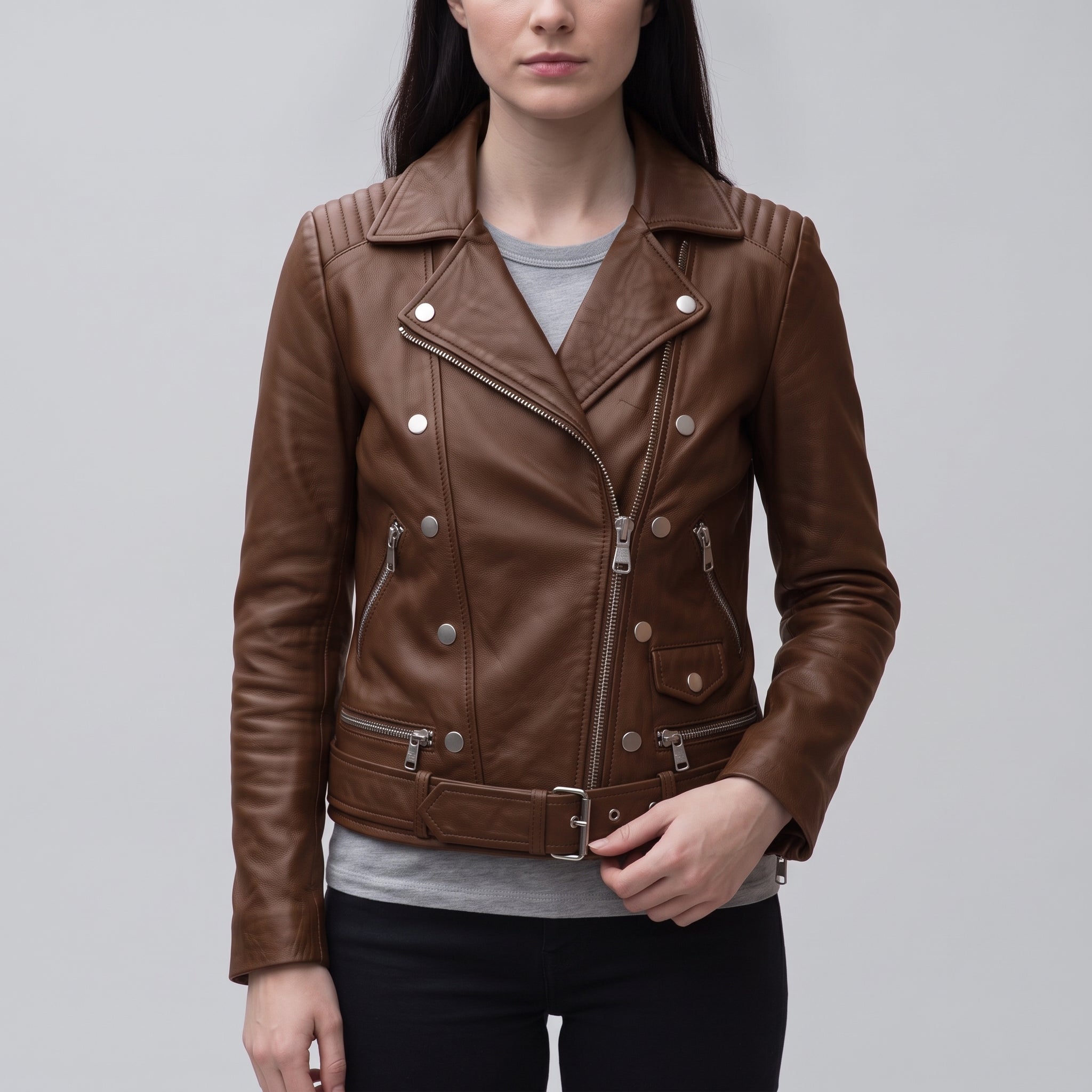 Women's Brown Belted Leather Biker Jacket — Gillard