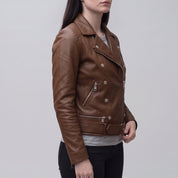 Women's Brown Belted Leather Biker Jacket — Gillard