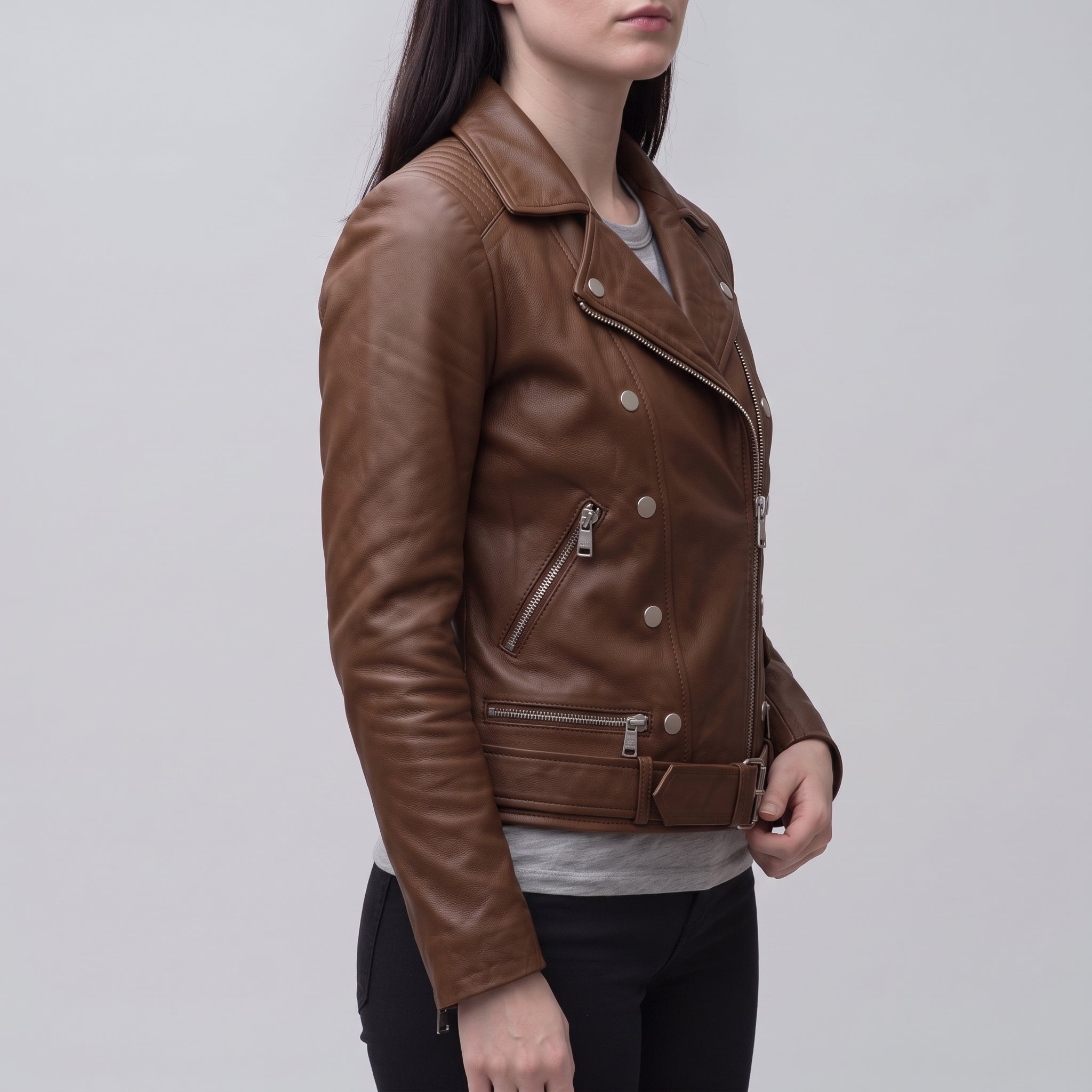 Women's Brown Belted Leather Biker Jacket — Gillard