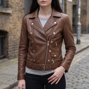 Women's Brown Belted Leather Biker Jacket — Gillard