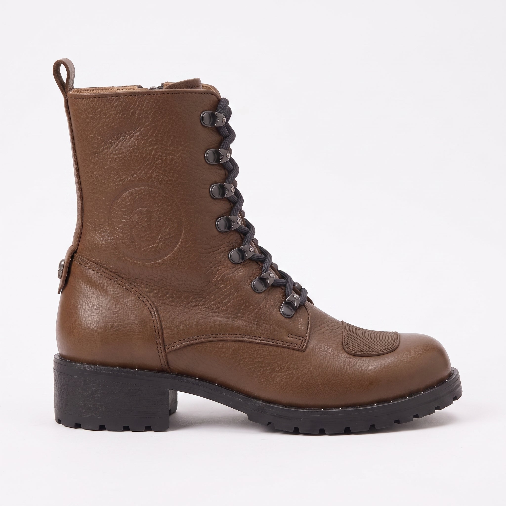 Women's Brown Cap-Toe with Shift Pad Pebbled Leather Biker Boots — Bridport