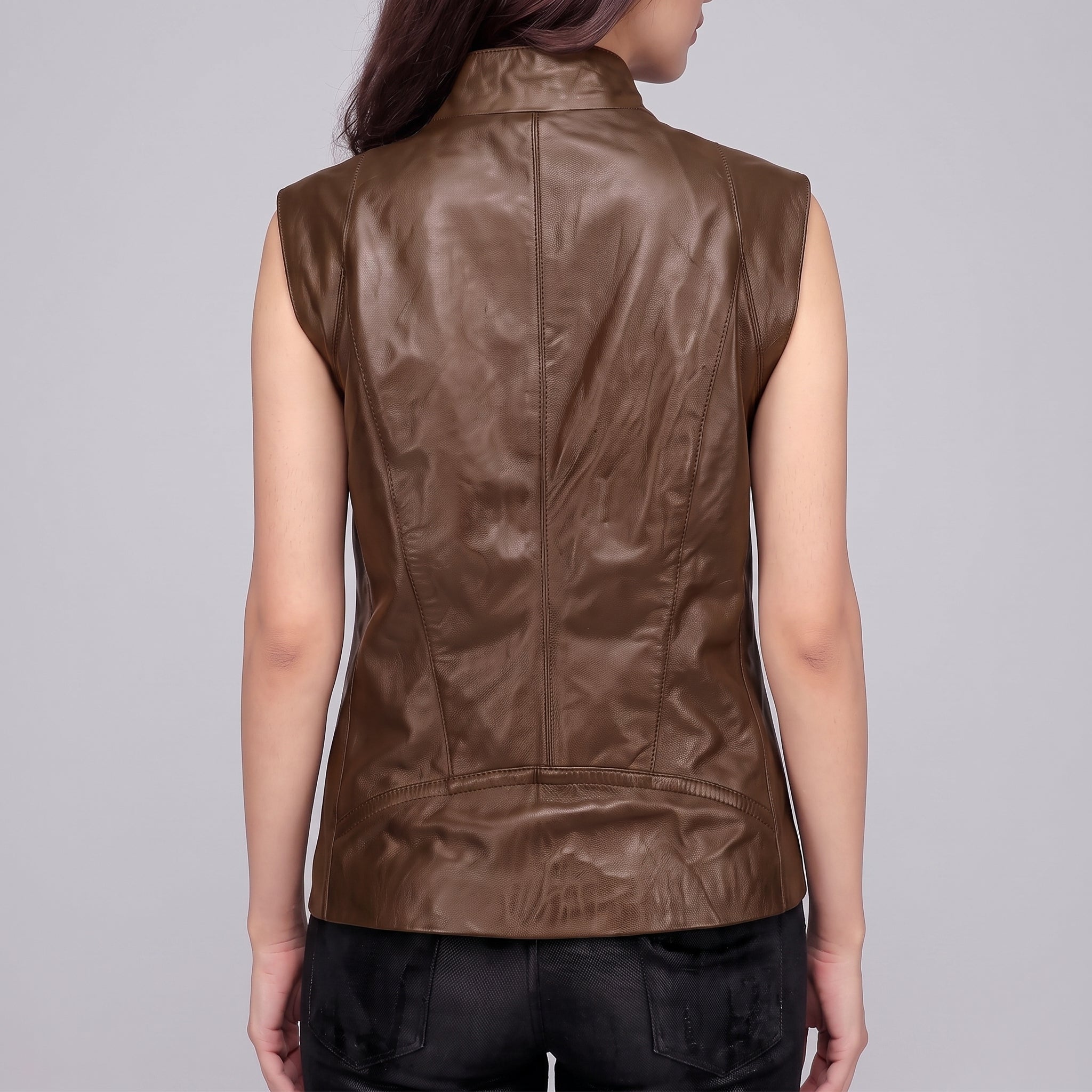 Women's Brown Center Zip Leather Biker Vest — Corbridge
