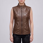 Women's Brown Center Zip Leather Biker Vest — Corbridge