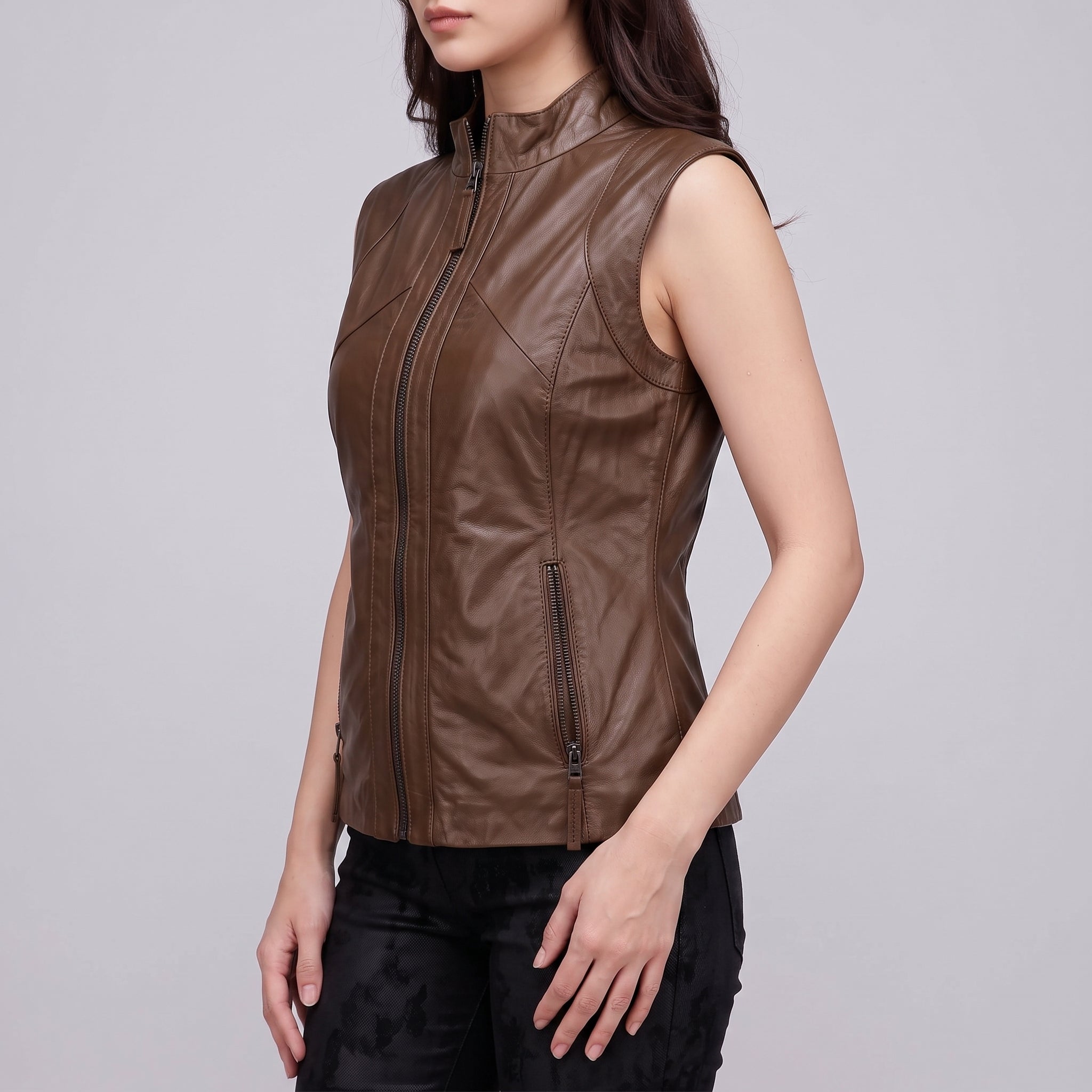 Women's Brown Center Zip Leather Biker Vest — Corbridge