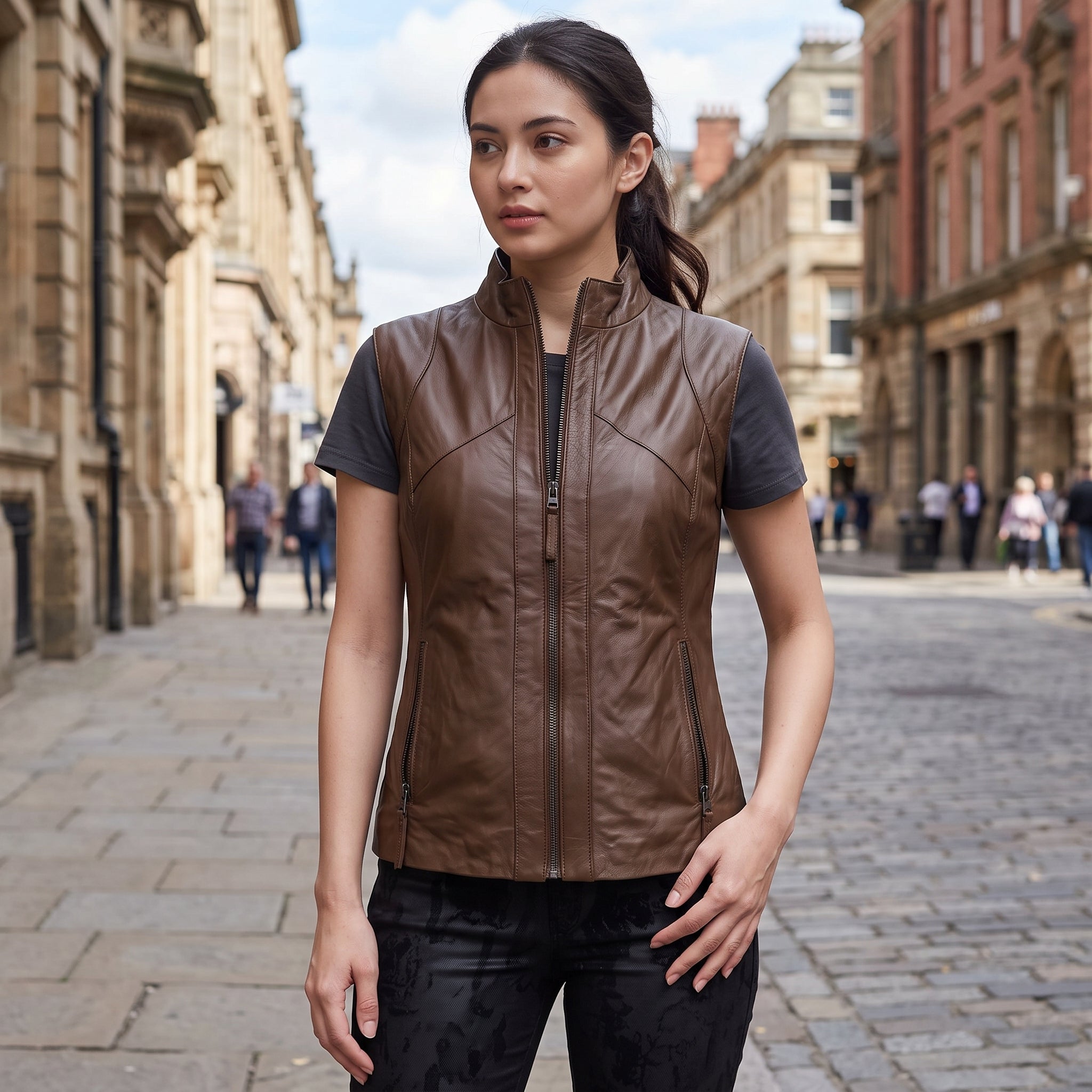 Women's Brown Center Zip Leather Biker Vest — Corbridge