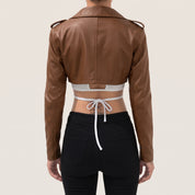 Women's Brown Cropped Leather Biker Jacket — Lapford