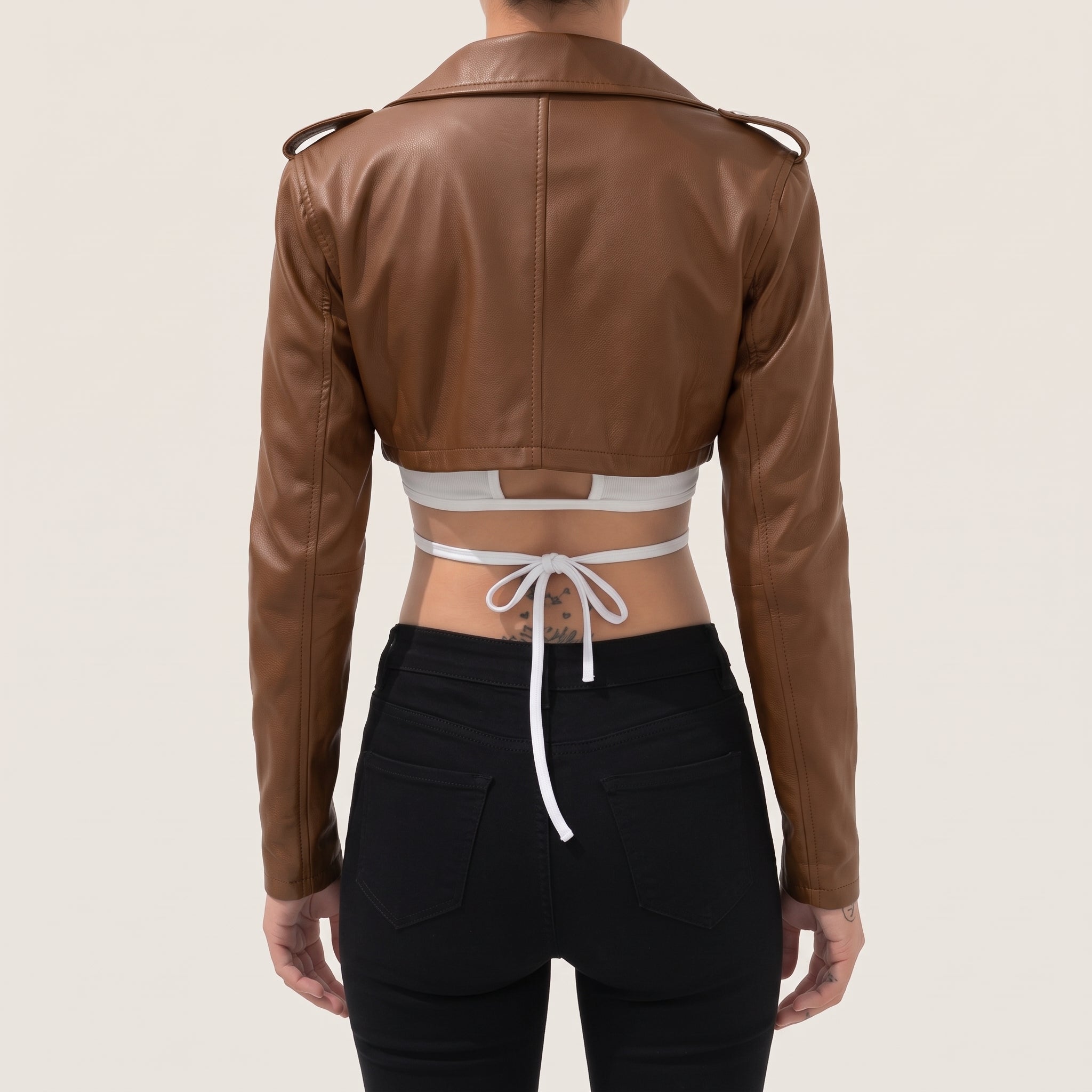 Women's Brown Cropped Leather Biker Jacket — Lapford