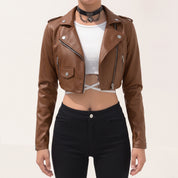 Women's Brown Cropped Leather Biker Jacket — Lapford