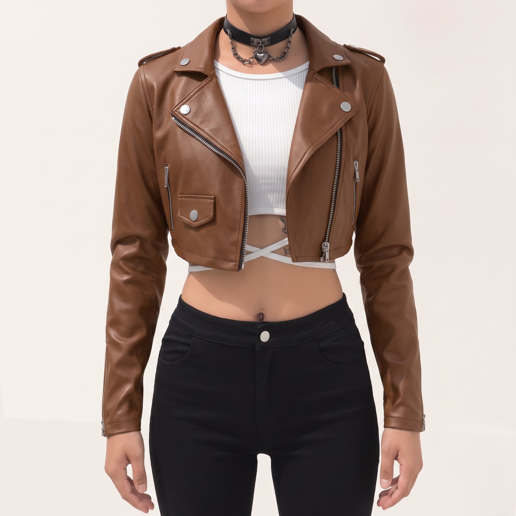 Women's Brown Cropped Leather Biker Jacket — Lapford