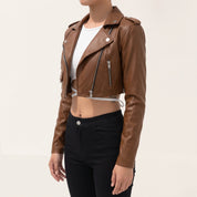 Women's Brown Cropped Leather Biker Jacket — Lapford
