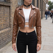Women's Brown Cropped Leather Biker Jacket — Lapford