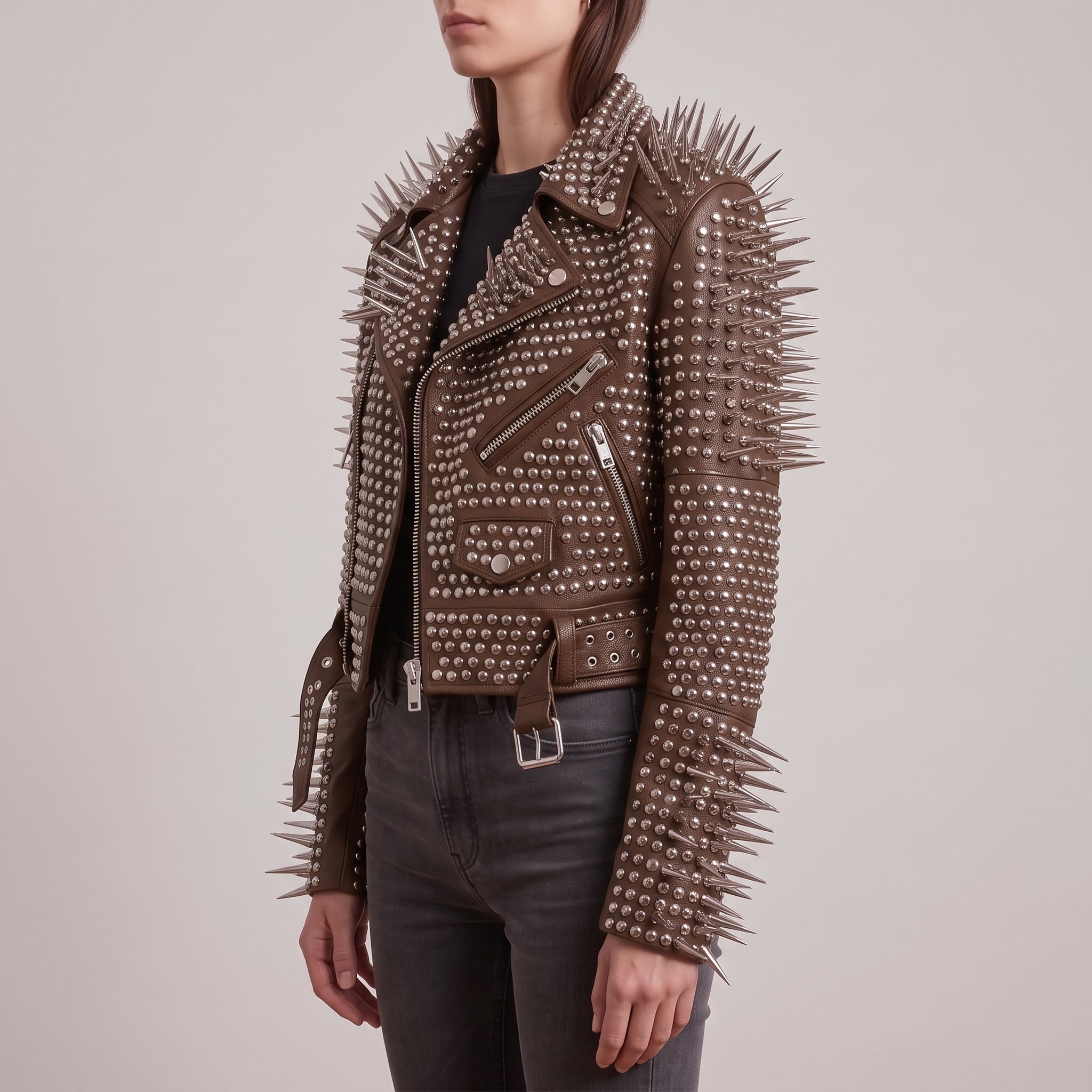 Women's Brown Cropped Leather Perfecto Biker Jacket — Ayrton