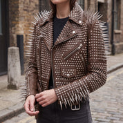 Women's Brown Cropped Leather Perfecto Biker Jacket — Ayrton