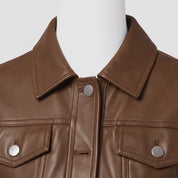 Women's Brown Cropped Leather Trucker Jacket — Glinton