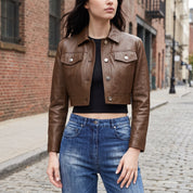 Women's Brown Cropped Leather Trucker Jacket — Glinton