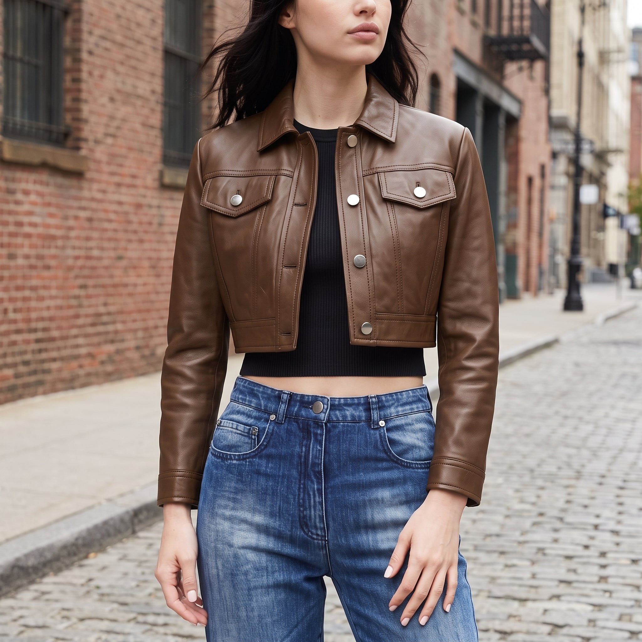 Women's Brown Cropped Leather Trucker Jacket — Glinton