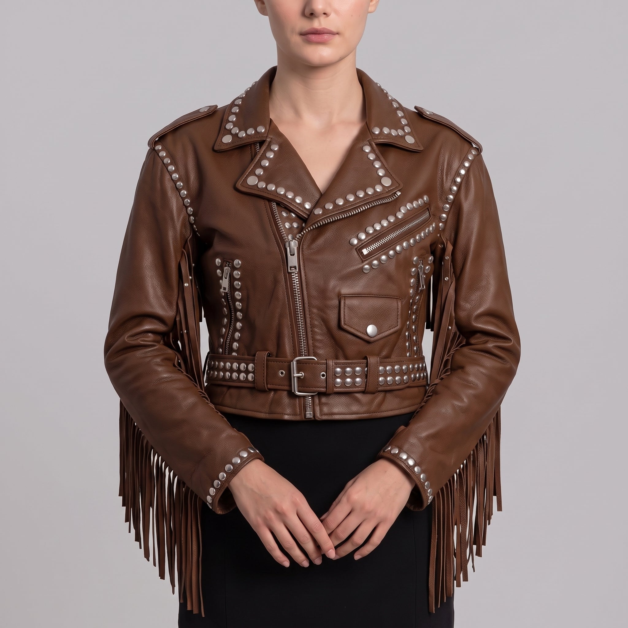Women's Brown Cropped Studded Fringe Leather Biker Jacket — Abbenshaw