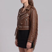 Women's Brown Cropped Studded Fringe Leather Biker Jacket — Abbenshaw