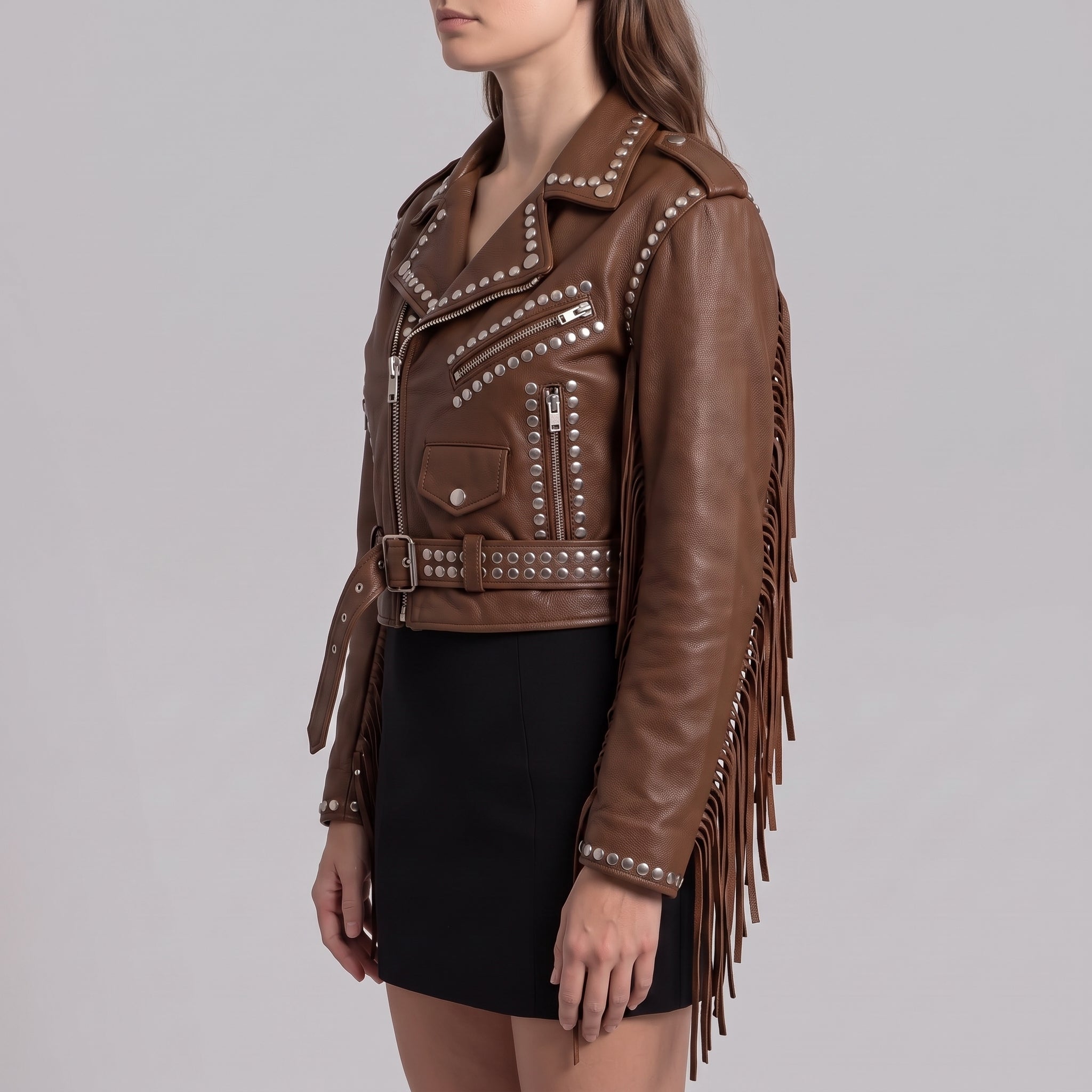Women's Brown Cropped Studded Fringe Leather Biker Jacket — Abbenshaw