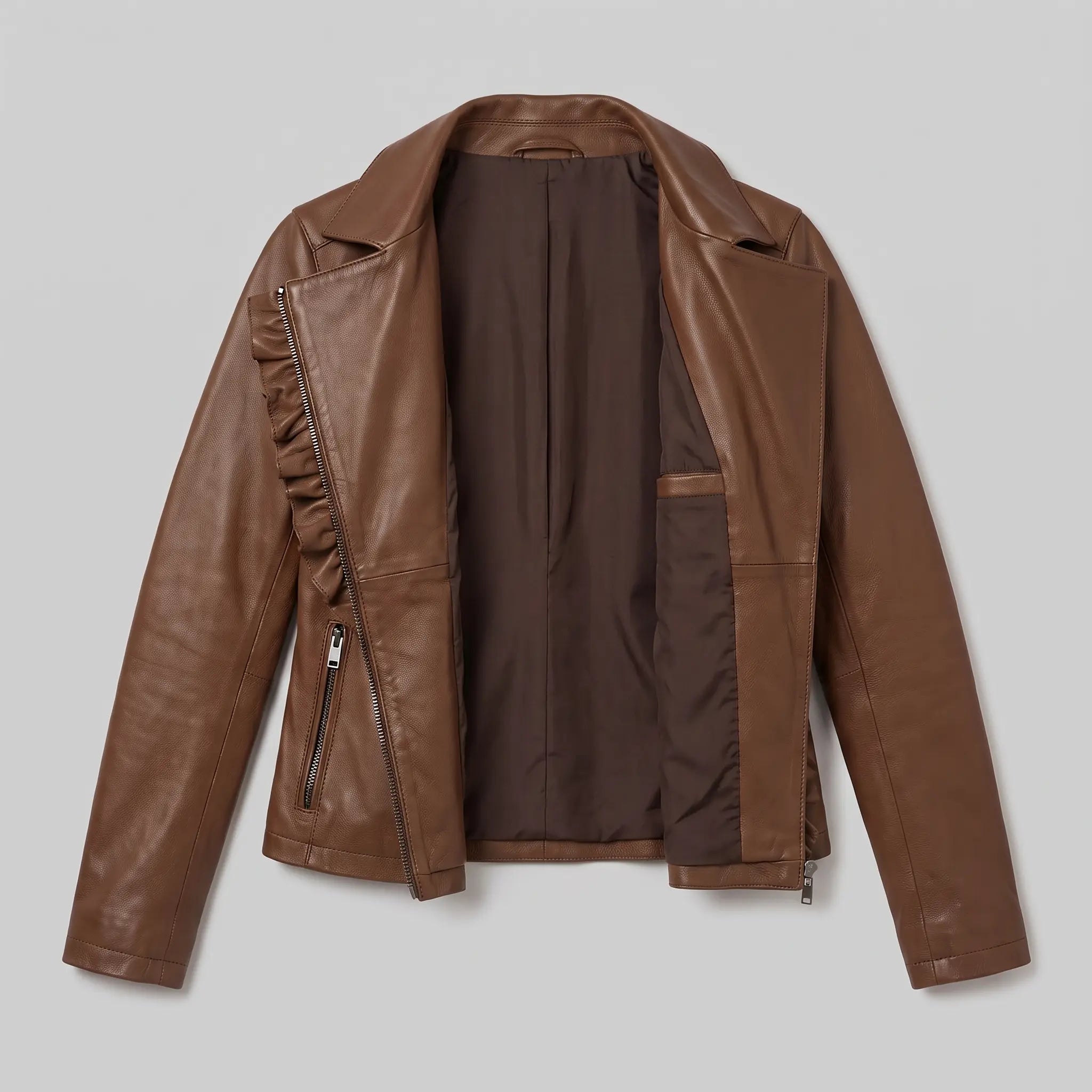 Women's Brown Frill Detail Leather Biker Jacket — Alcester