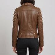 Women's Brown Golden Spiked Studded Leather Biker Jacket — Buckley
