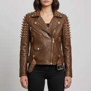 Women's Brown Golden Spiked Studded Leather Biker Jacket — Buckley