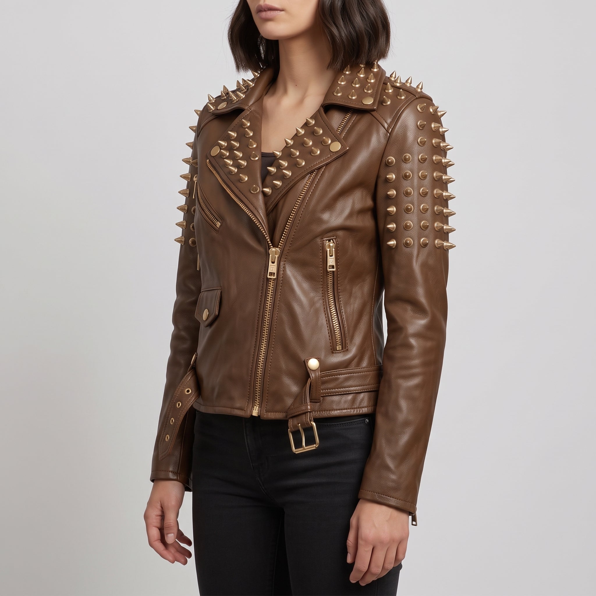 Women's Brown Golden Spiked Studded Leather Biker Jacket — Buckley