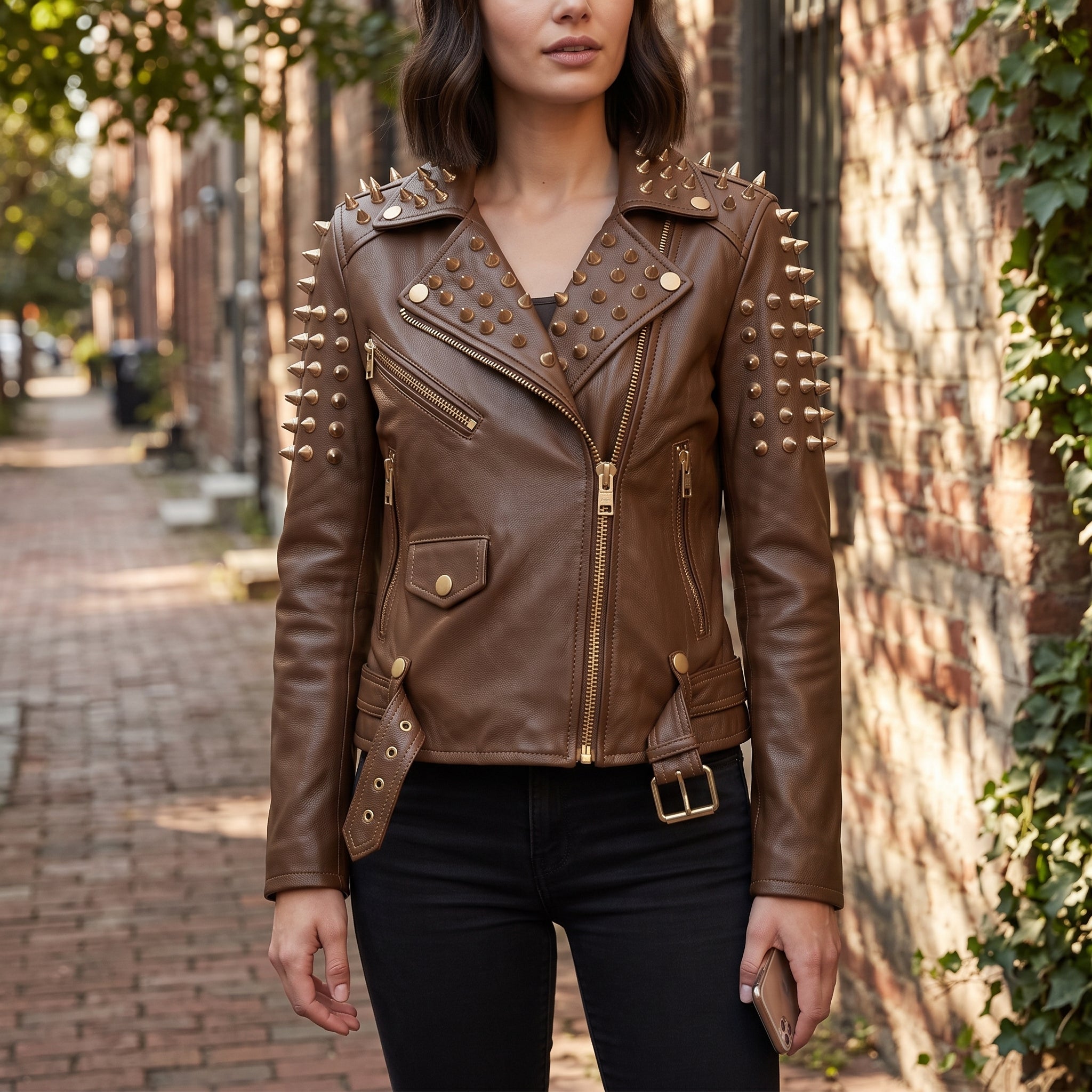 Women's Brown Golden Spiked Studded Leather Biker Jacket — Buckley
