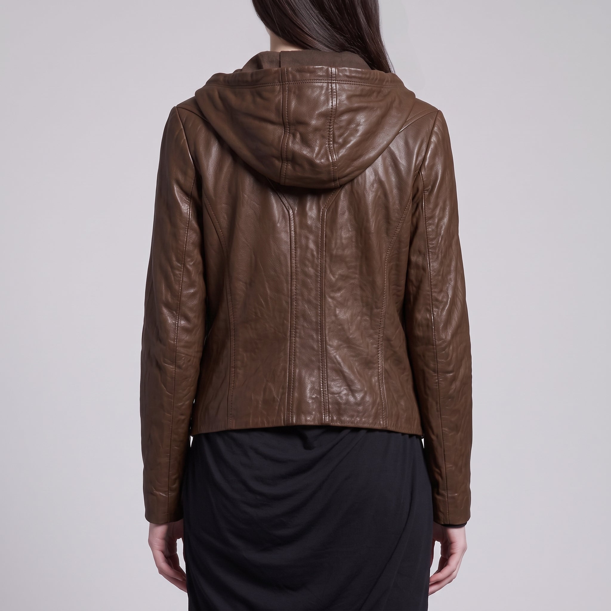 Women's Brown Hooded Leather Biker Jacket — Greenwell