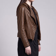 Women's Brown Hooded Leather Biker Jacket — Greenwell