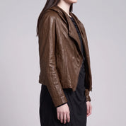 Women's Brown Hooded Leather Biker Jacket — Greenwell