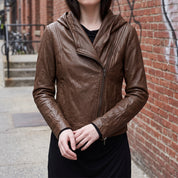 Women's Brown Hooded Leather Biker Jacket — Greenwell