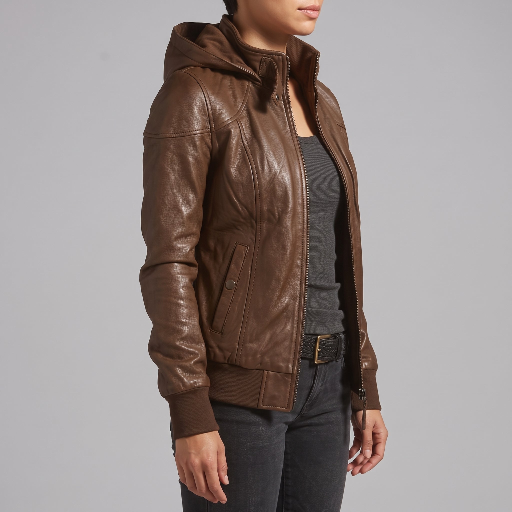Women's Brown Hooded Leather Bomber Jacket — Arnott