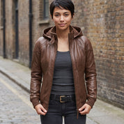 Women's Brown Hooded Leather Bomber Jacket — Arnott
