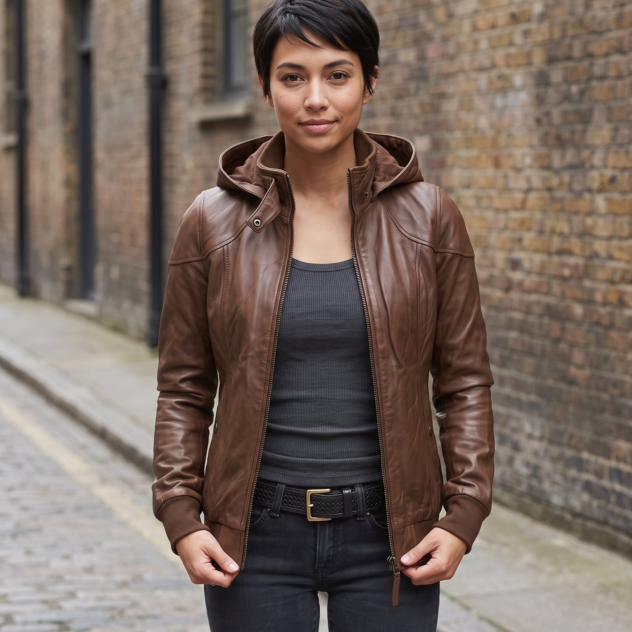 Women's Brown Hooded Leather Bomber Jacket — Arnott