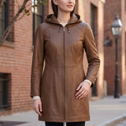 Women's Brown Hooded Leather Jacket — Baldwin