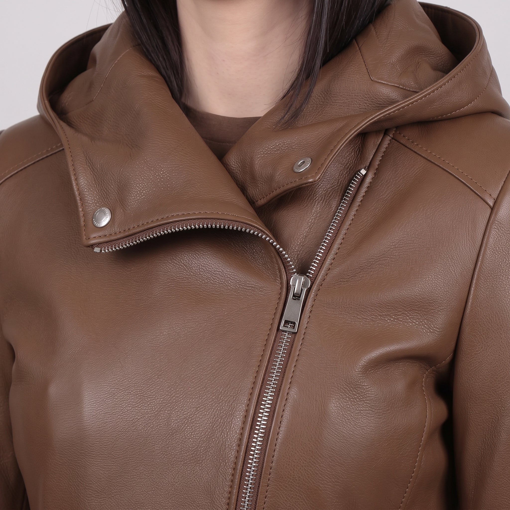 Women's Brown Hooded Leather Jacket — Strode