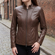 Women's Brown Leather Biker Jacket — Ackridge