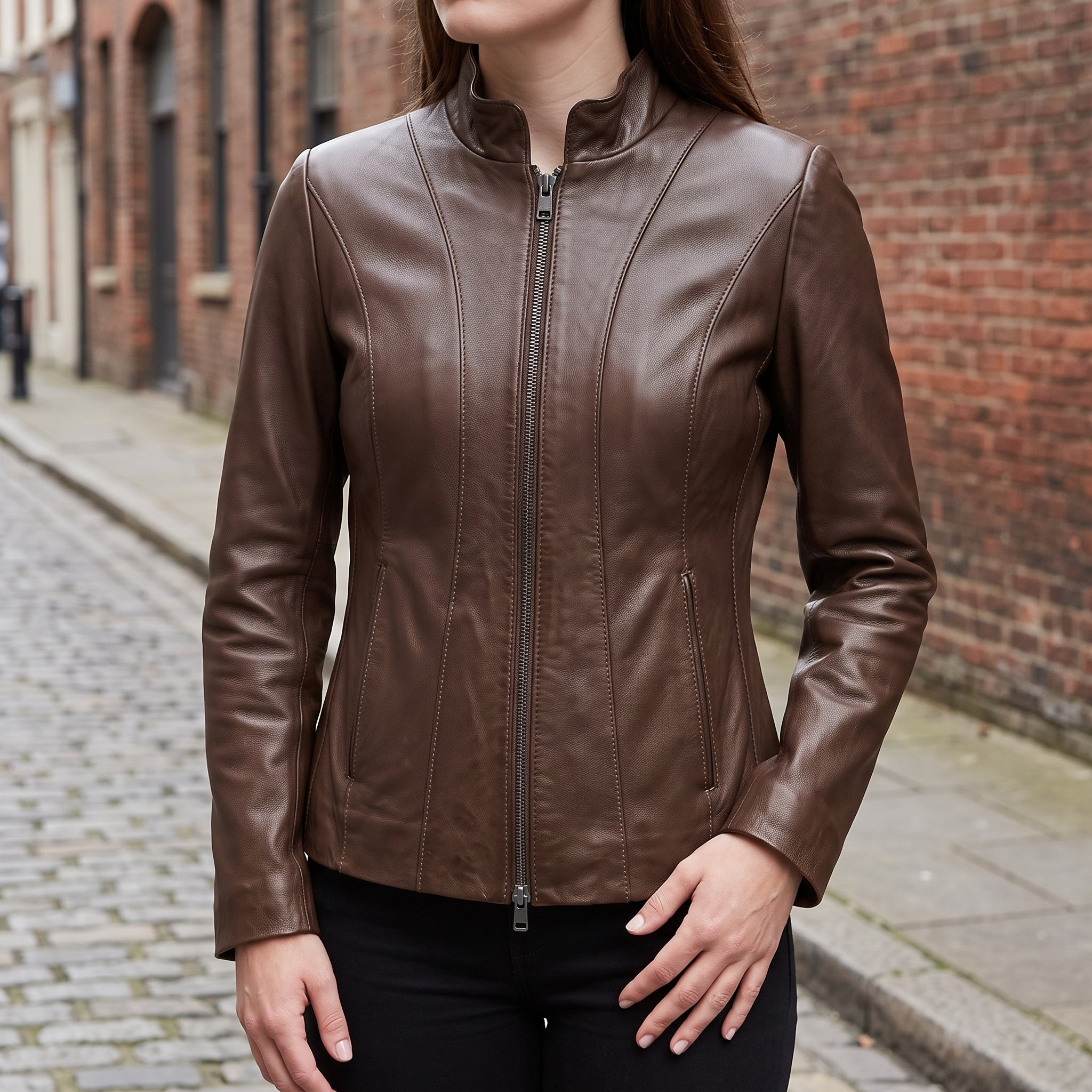 Women's Brown Leather Biker Jacket — Ackridge