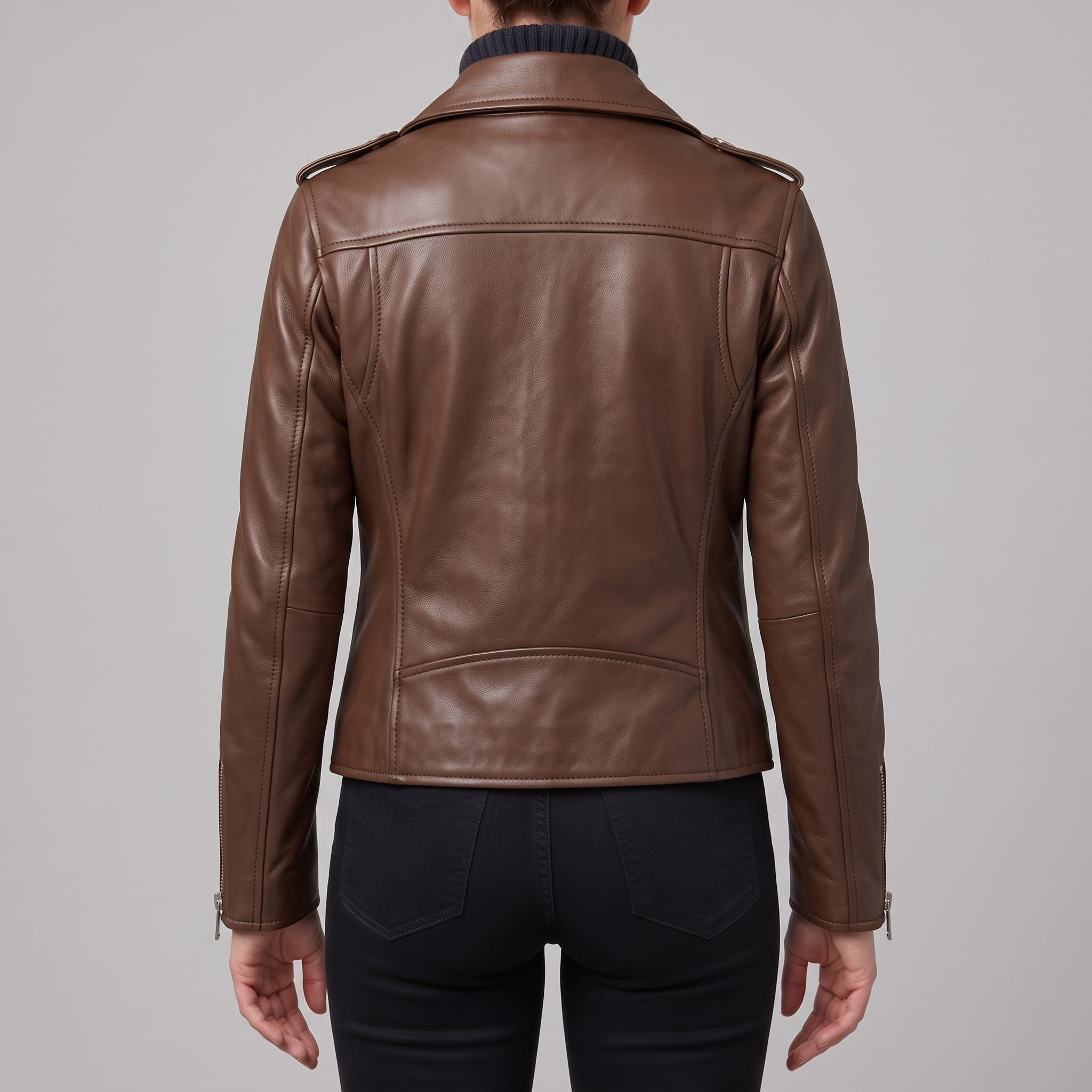 Women's Brown Leather Biker Jacket — Acrefield