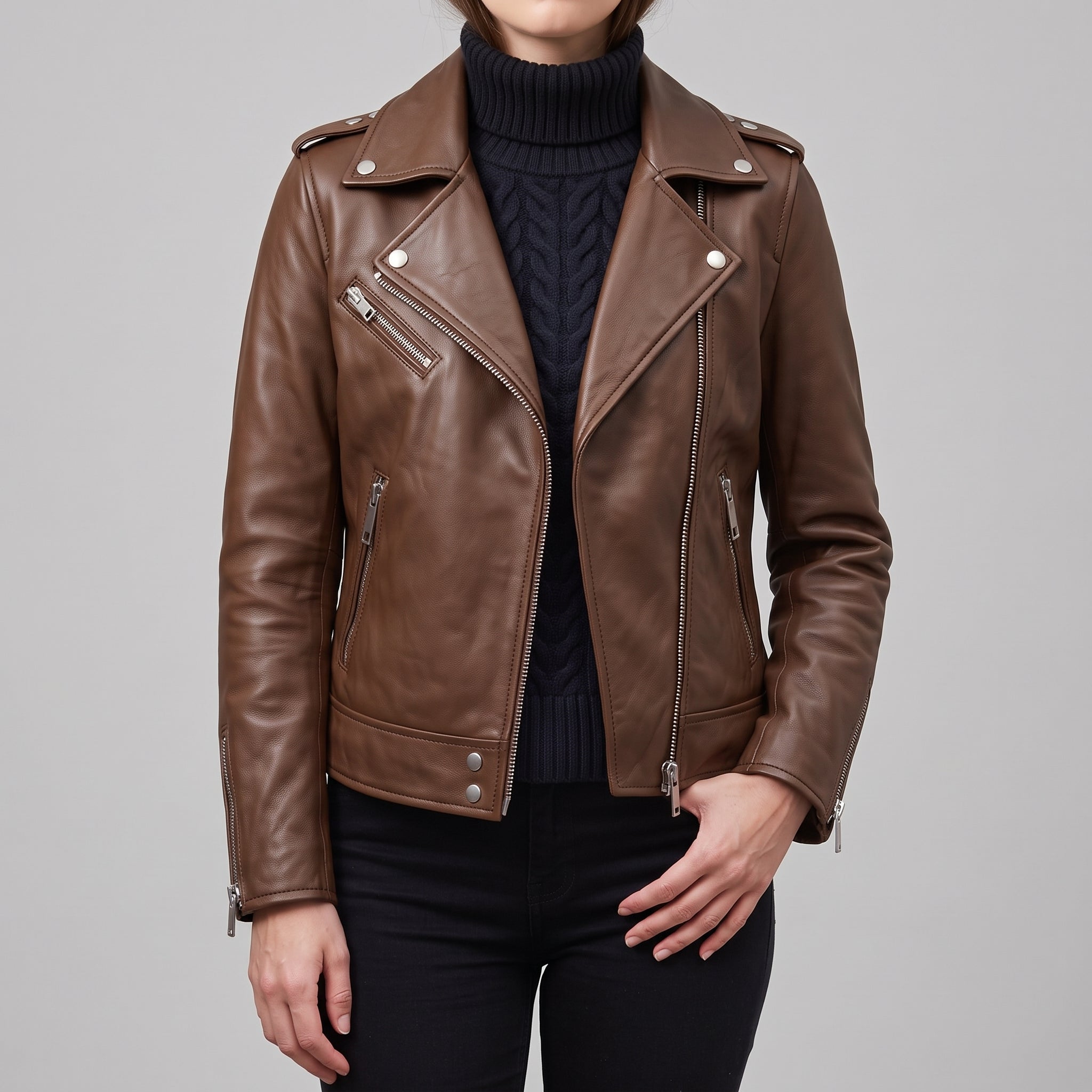 Women's Brown Leather Biker Jacket — Acrefield