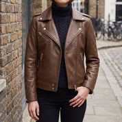 Women's Brown Leather Biker Jacket — Acrefield
