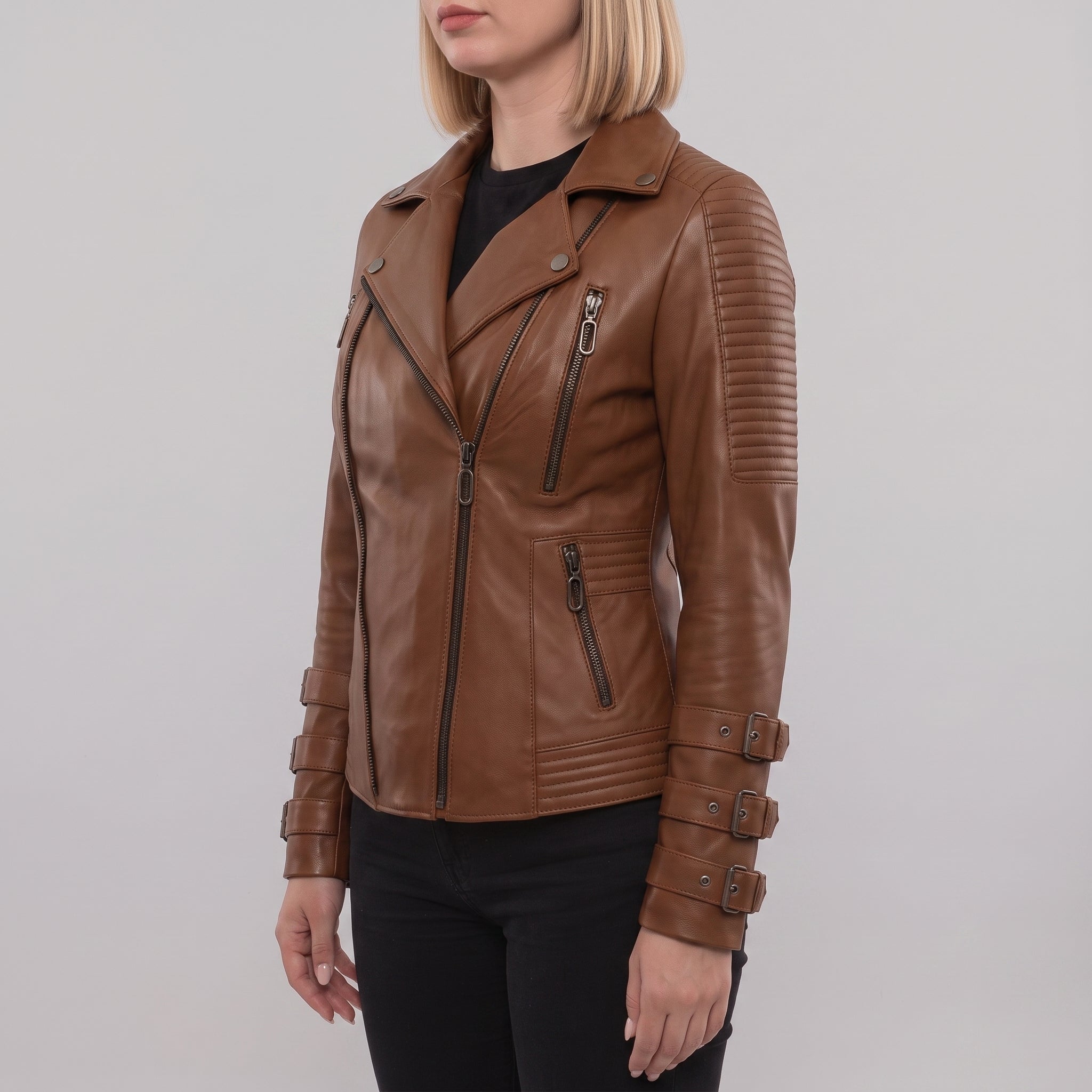 Women's Brown Leather Biker Jacket — Askwith