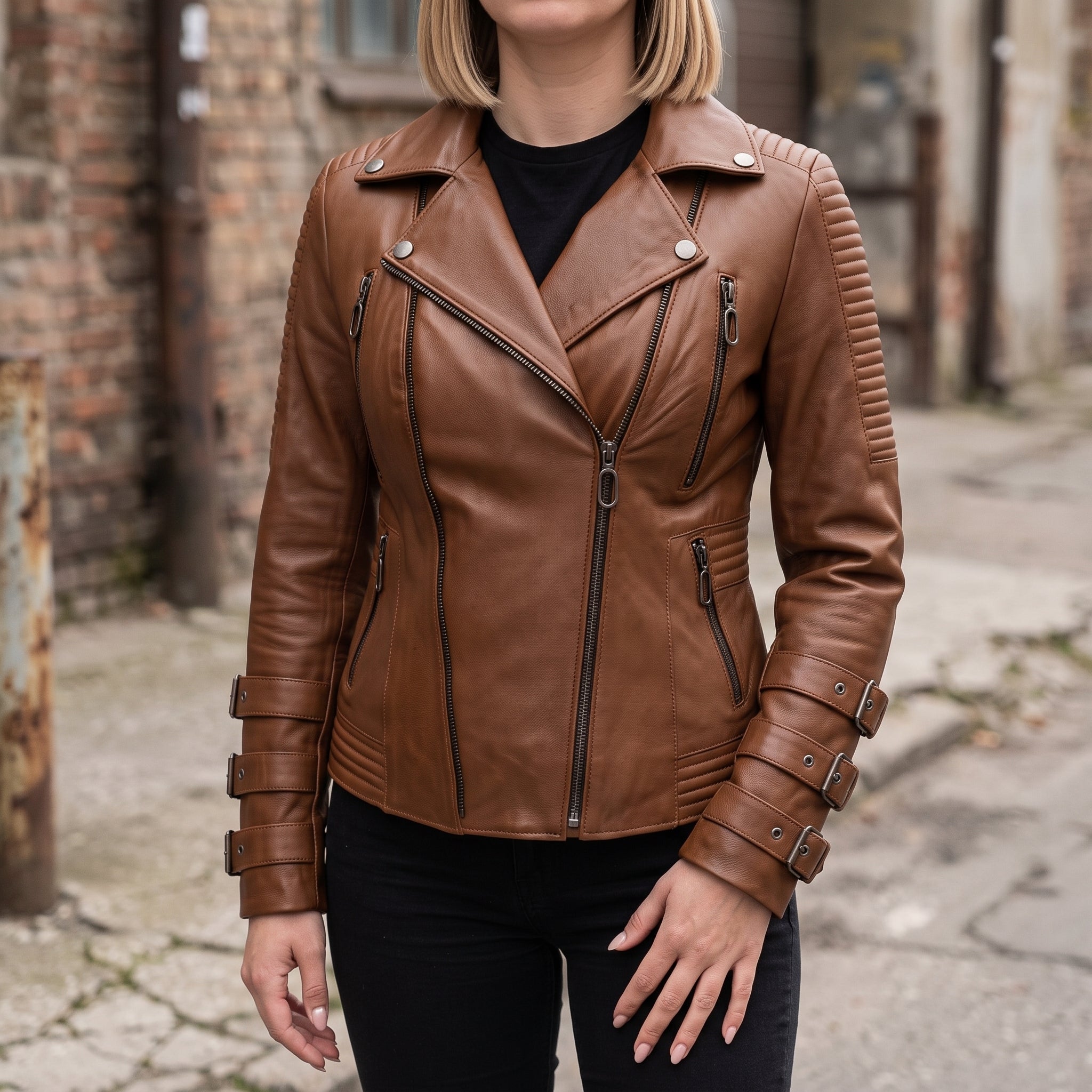 Women's Brown Leather Biker Jacket — Askwith